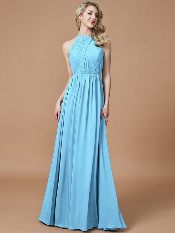 A-Line/Princess Scoop Chiffon Sleeveless Floor-Length Bridesmaid Dresses DFP0005455