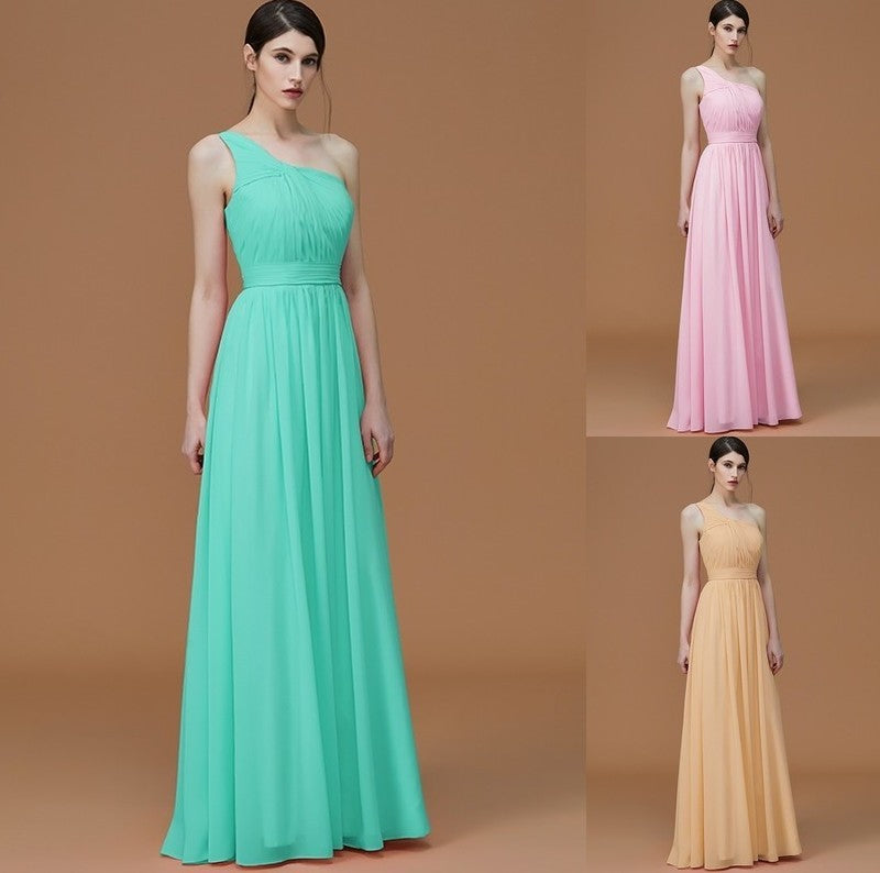 A-Line/Princess One-Shoulder Sleeveless Floor-Length Ruched Chiffon Bridesmaid Dresses DFP0005701