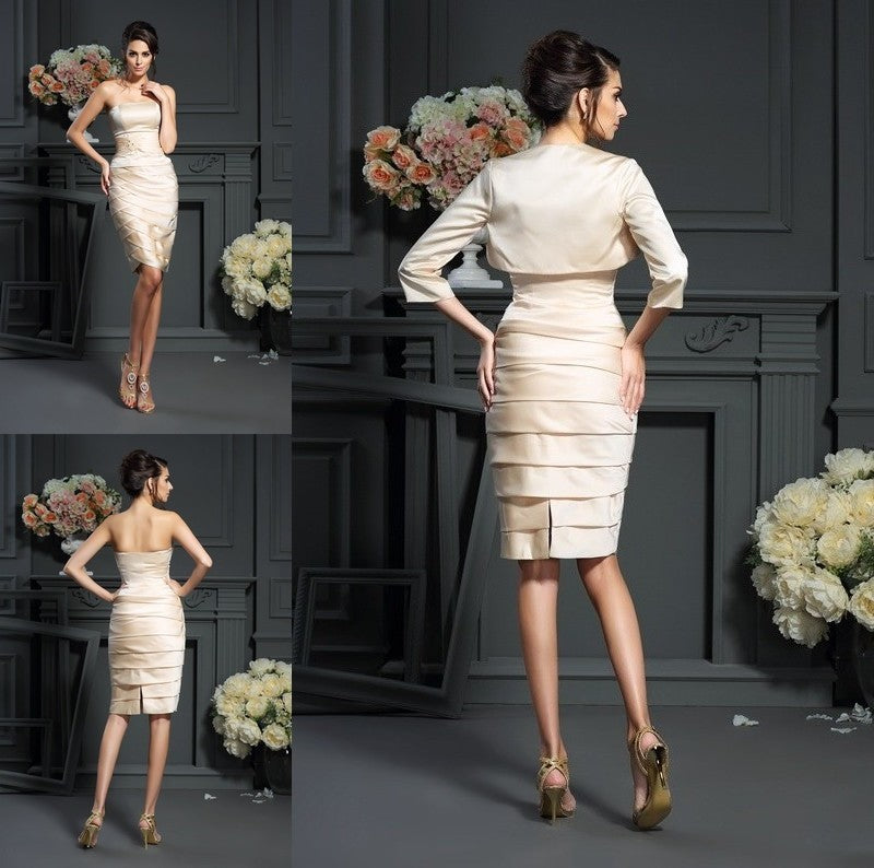 Sheath/Column Strapless Pleats Sleeveless Short Satin Mother of the Bride Dresses DFP0007413