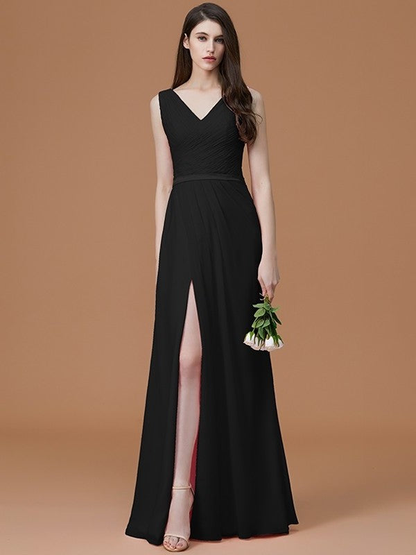 A-Line/Princess V-neck Sleeveless Floor-Length Ruched Chiffon Bridesmaid Dresses DFP0005284