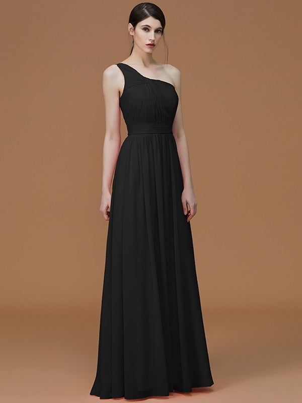 A-Line/Princess One-Shoulder Sleeveless Floor-Length Ruched Chiffon Bridesmaid Dresses DFP0005701