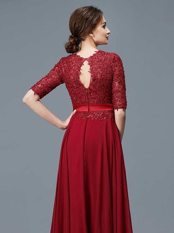 A-Line/Princess Scoop 1/2 Sleeves Chiffon Applique Floor-Length Mother of the Bride Dresses DFP0007199