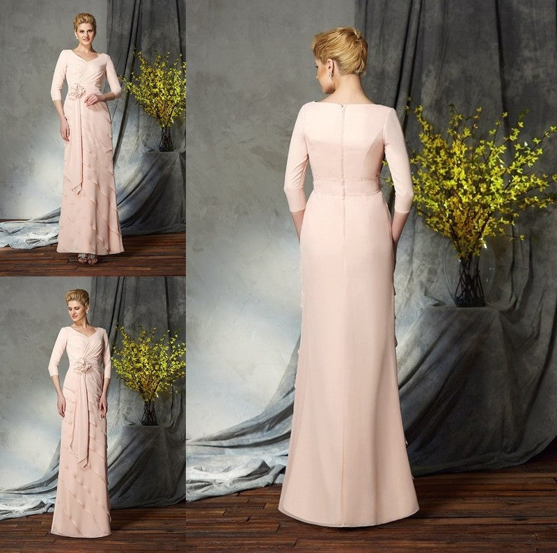 Sheath/Column V-neck Hand-Made Flower 3/4 Sleeves Long Chiffon Mother of the Bride Dresses DFP0007053