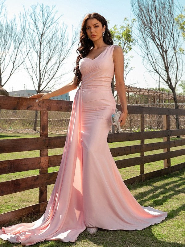 Sheath/Column Silk like Satin Ruched One-Shoulder Sleeveless Sweep/Brush Train Dresses DFP0001388