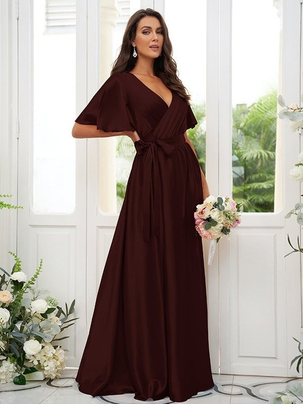 A-Line/Princess Silk like Satin Sash/Ribbon/Belt V-neck Short Sleeves Floor-Length Bridesmaid Dresses DFP0004897