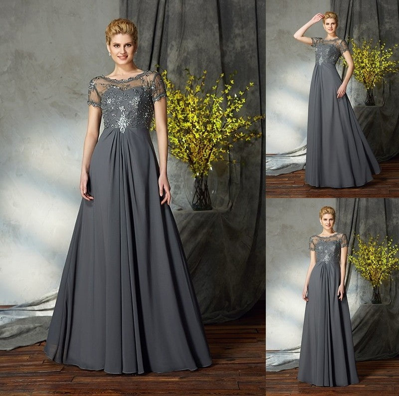 A-Line/Princess Scoop Applique Short Sleeves Long Chiffon Mother of the Bride Dresses DFP0007108