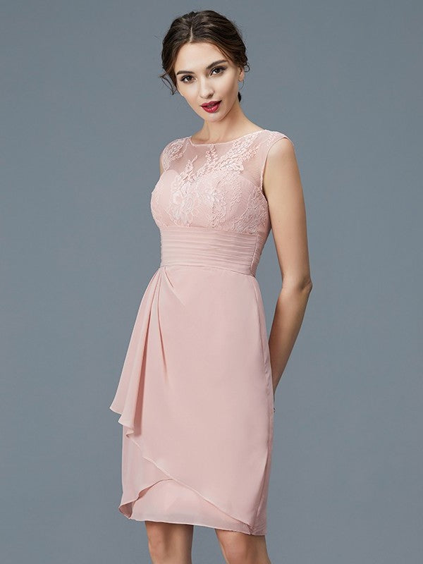 Sheath/Column Sheer Neck Ruffles Chiffon Sleeveless Knee-Length Mother of the Bride Dresses DFP0007193