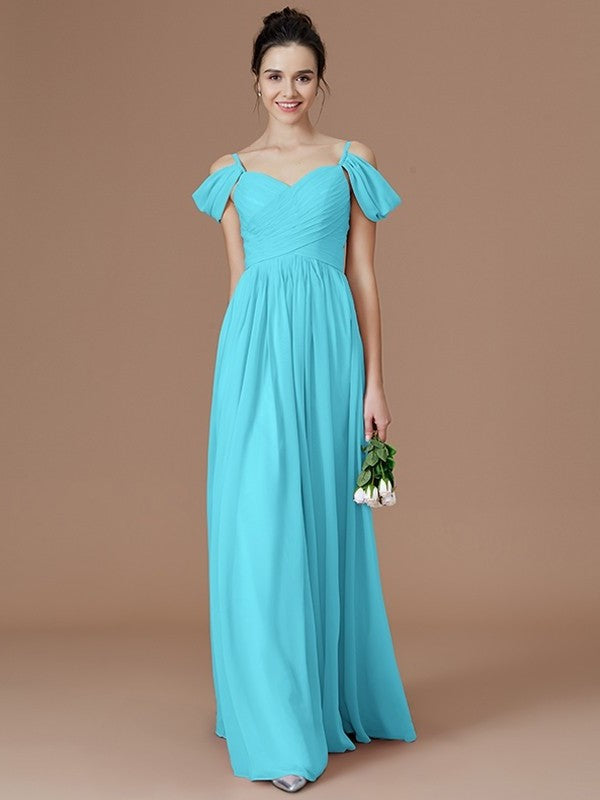 A-Line/Princess Off-the-Shoulder Sleeveless Ruched Floor-Length Chiffon Bridesmaid Dresses DFP0005324