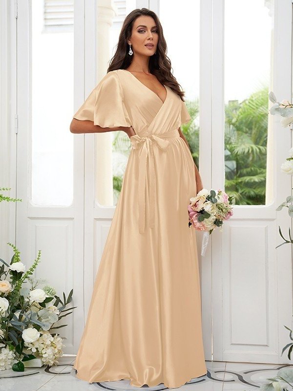 A-Line/Princess Silk like Satin Sash/Ribbon/Belt V-neck Short Sleeves Floor-Length Bridesmaid Dresses DFP0004897