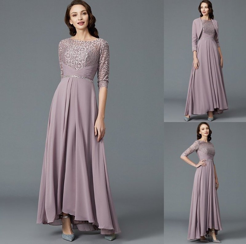 A-Line/Princess 1/2 Sleeves Scoop Asymmetrical Chiffon Mother of the Bride Dresses DFP0007047