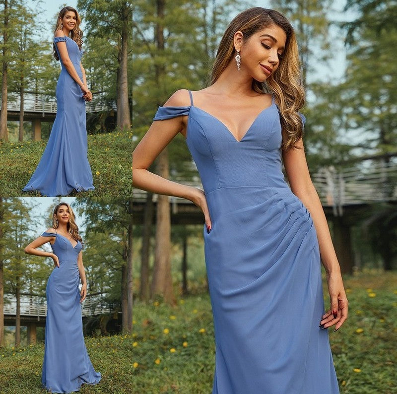 Sheath/Column Chiffon Ruched V-neck Sleeveless Floor-Length Bridesmaid Dresses DFP0005002