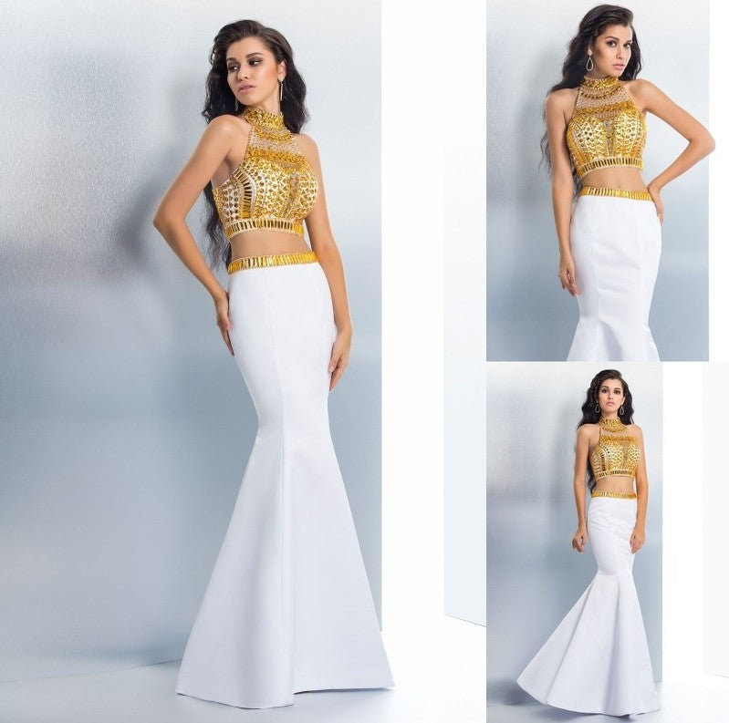 Trumpet/Mermaid High Neck Beading Sleeveless Long Satin Dresses DFP0002720