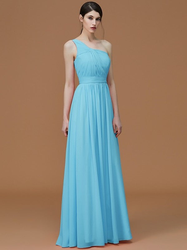 A-Line/Princess One-Shoulder Sleeveless Floor-Length Ruched Chiffon Bridesmaid Dresses DFP0005701