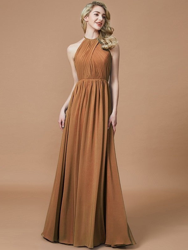 A-Line/Princess Scoop Chiffon Sleeveless Floor-Length Bridesmaid Dresses DFP0005455