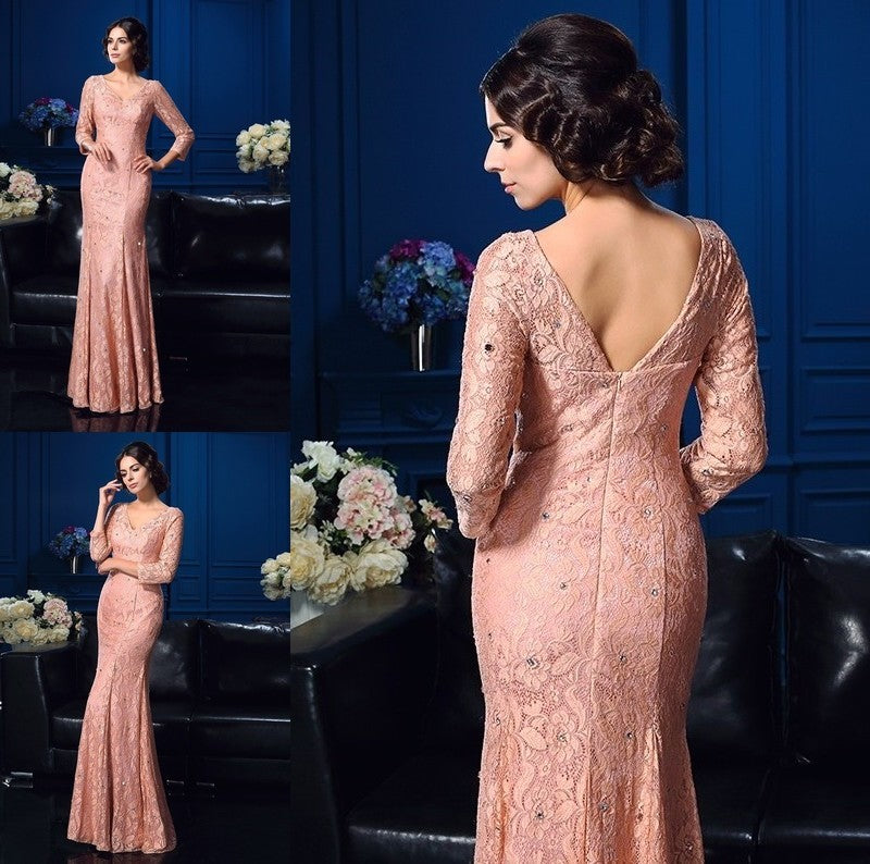 Sheath/Column V-neck Beading 3/4 Sleeves Long Lace Mother of the Bride Dresses DFP0007207