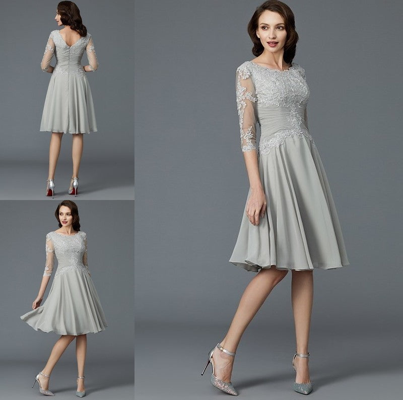 A-Line/Princess 1/2 Sleeves Scoop Knee-Length Applique Chiffon Mother of the Bride Dresses DFP0007299