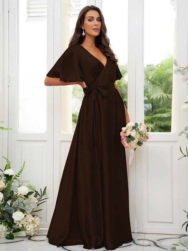 A-Line/Princess Silk like Satin Sash/Ribbon/Belt V-neck Short Sleeves Floor-Length Bridesmaid Dresses DFP0004897