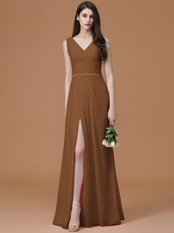 A-Line/Princess V-neck Sleeveless Floor-Length Ruched Chiffon Bridesmaid Dresses DFP0005284