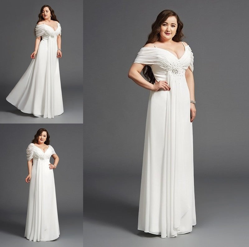 A-Line/Princess Off-the-Shoulder Ruched Short Sleeves Long Chiffon Plus Size Dresses DFP0001920