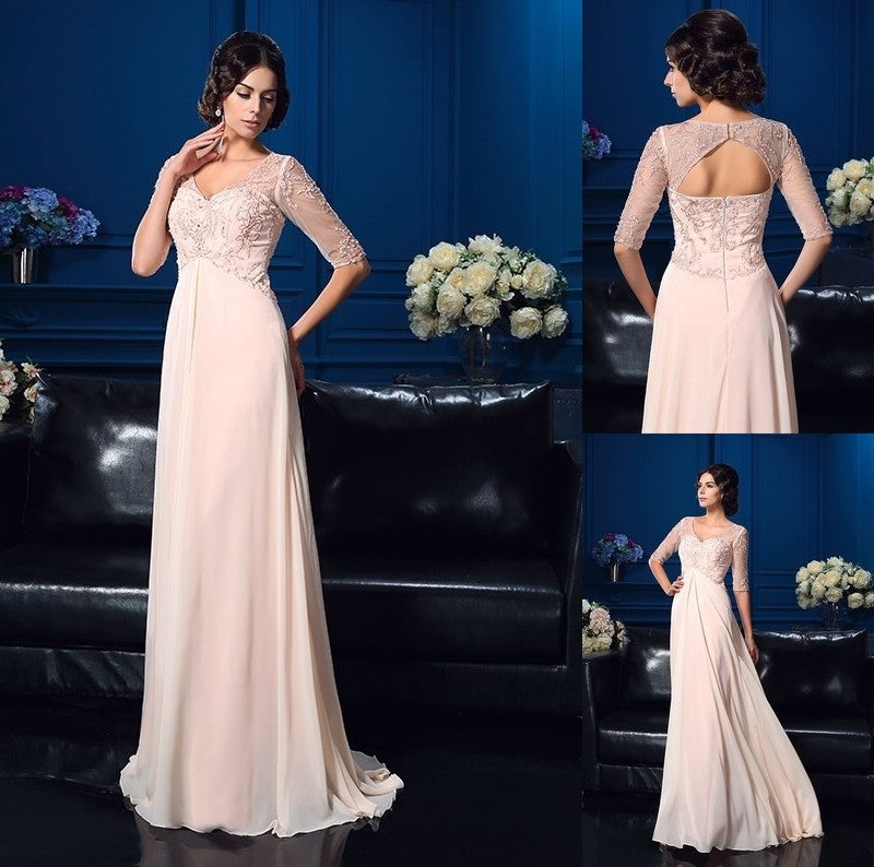 A-Line/Princess V-neck Beading 1/2 Sleeves Long Chiffon Mother of the Bride Dresses DFP0007115