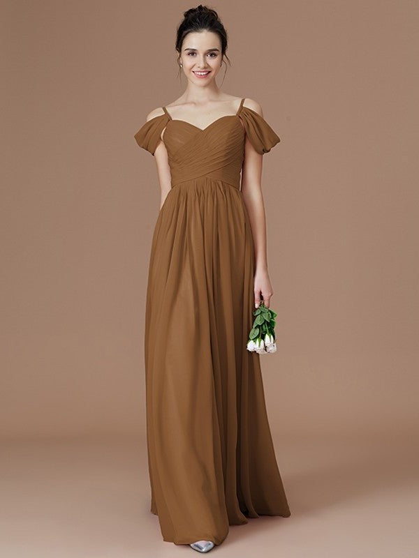 A-Line/Princess Off-the-Shoulder Sleeveless Ruched Floor-Length Chiffon Bridesmaid Dresses DFP0005324