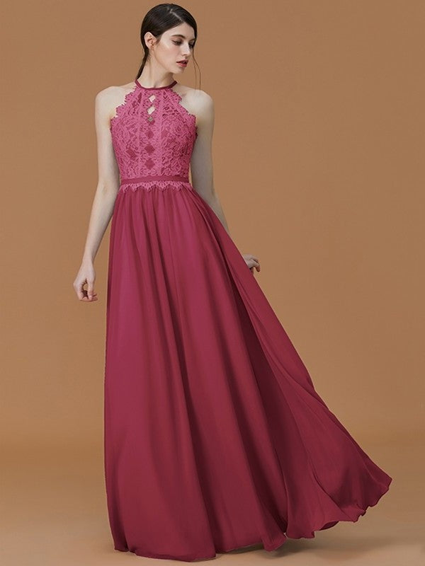 A-Line/Princess Halter Sleeveless Floor-Length Lace Chiffon Bridesmaid Dresses DFP0005137