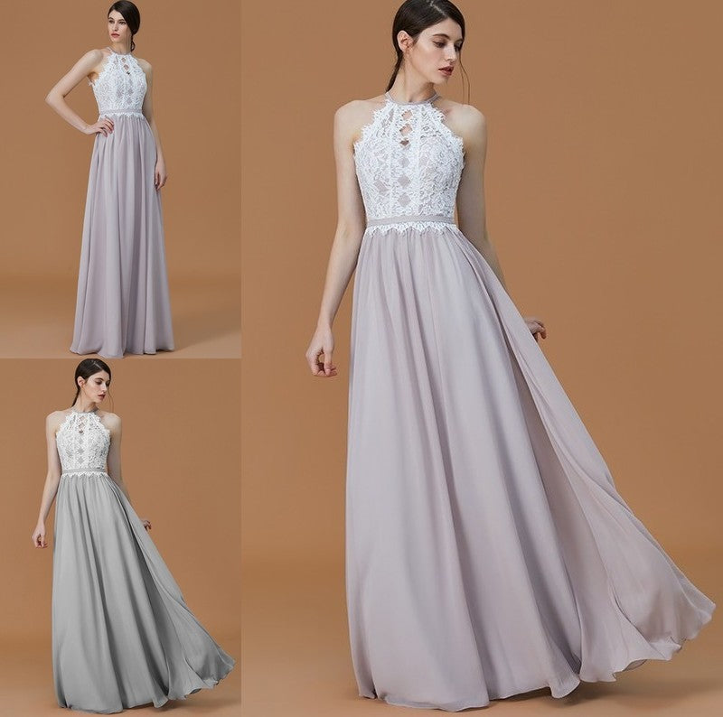 A-Line/Princess Halter Sleeveless Floor-Length Lace Chiffon Bridesmaid Dresses DFP0005137