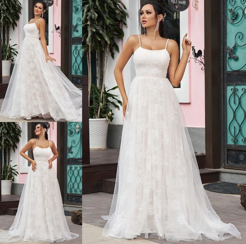 A-Line/Princess Lace Ruffles Spaghetti Straps Sleeveless Sweep/Brush Train Wedding Dresses DFP0006402