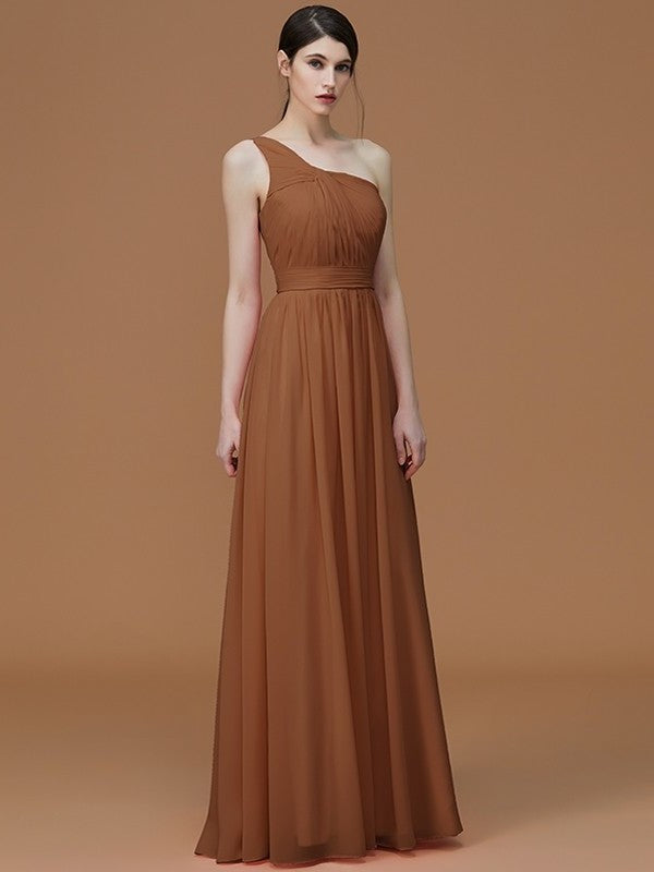 A-Line/Princess One-Shoulder Sleeveless Floor-Length Ruched Chiffon Bridesmaid Dresses DFP0005701