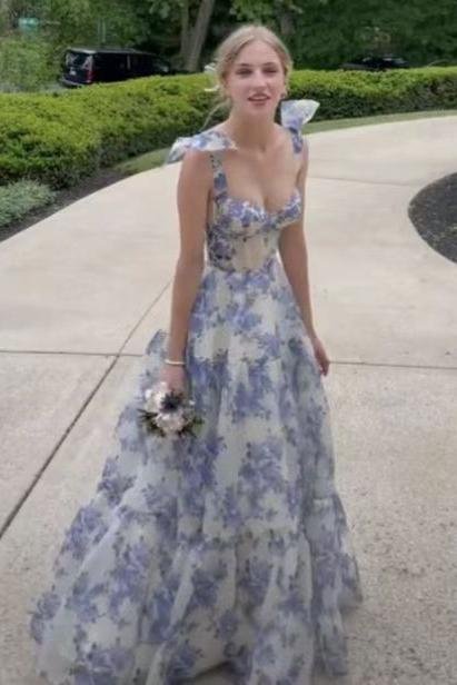 Elegant Floral Print Long Prom Dresses