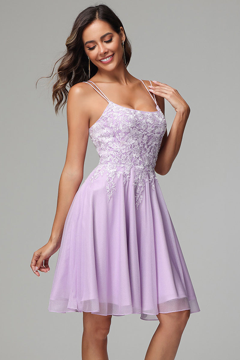 Lilac A-line Spaghetti Straps Short Homecoming Dress with Appliques