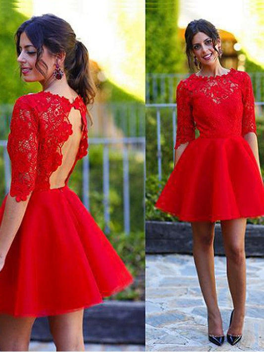 A-Line Princess Lace Maisie Homecoming Dresses Scoop 1/2 Sleeves Short