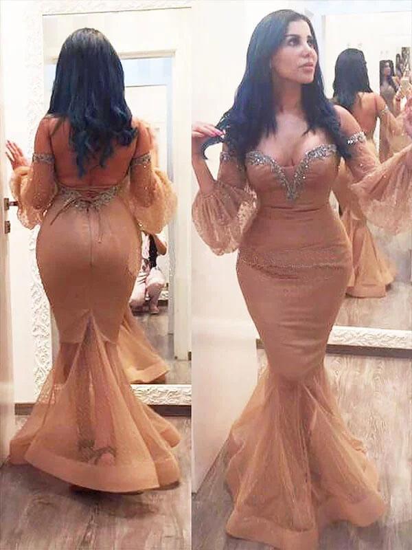 Mermaid 3/4 Sleeves Off the Shoulder Beads Brown Lace up Plus Size Prom Dresses JS164